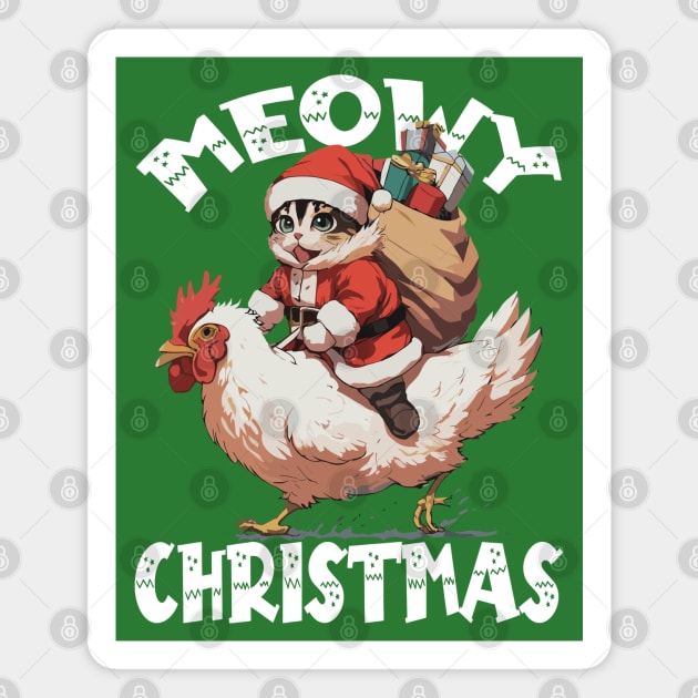 Meowy Christmas - 4, Funny Cute Cat on a Chicken Magnet by Megadorim
